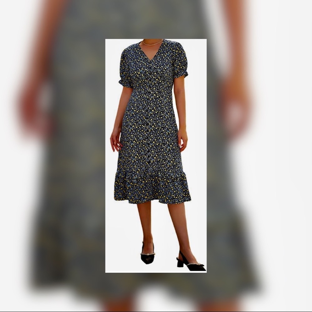 Vintage-inspired sheer navy dress with tulip pattern.